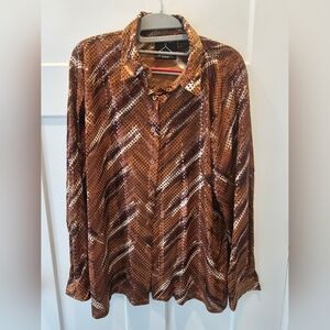 Anthony Mark Hankins Collection Sequin Blouse Brown Gold L Sparkle Button Down